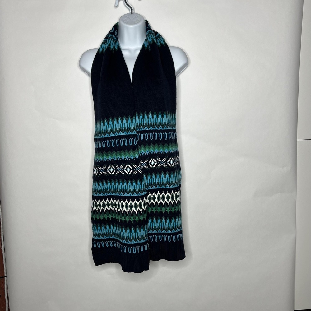 Talbots Scarf Womens One Size Navy Blue Fair Isle Knit Long Winter Wrap